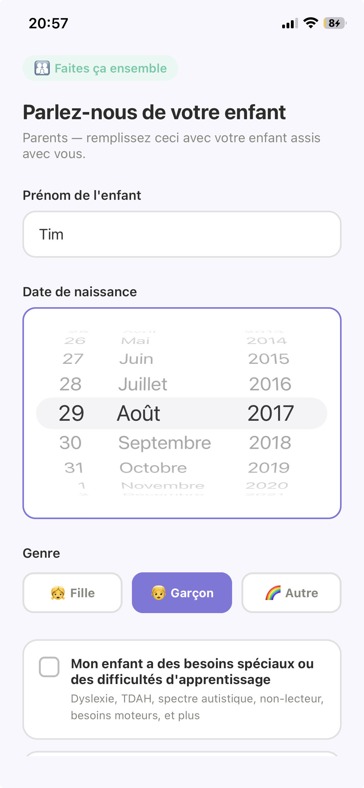 Child name, date of birth, and gender form