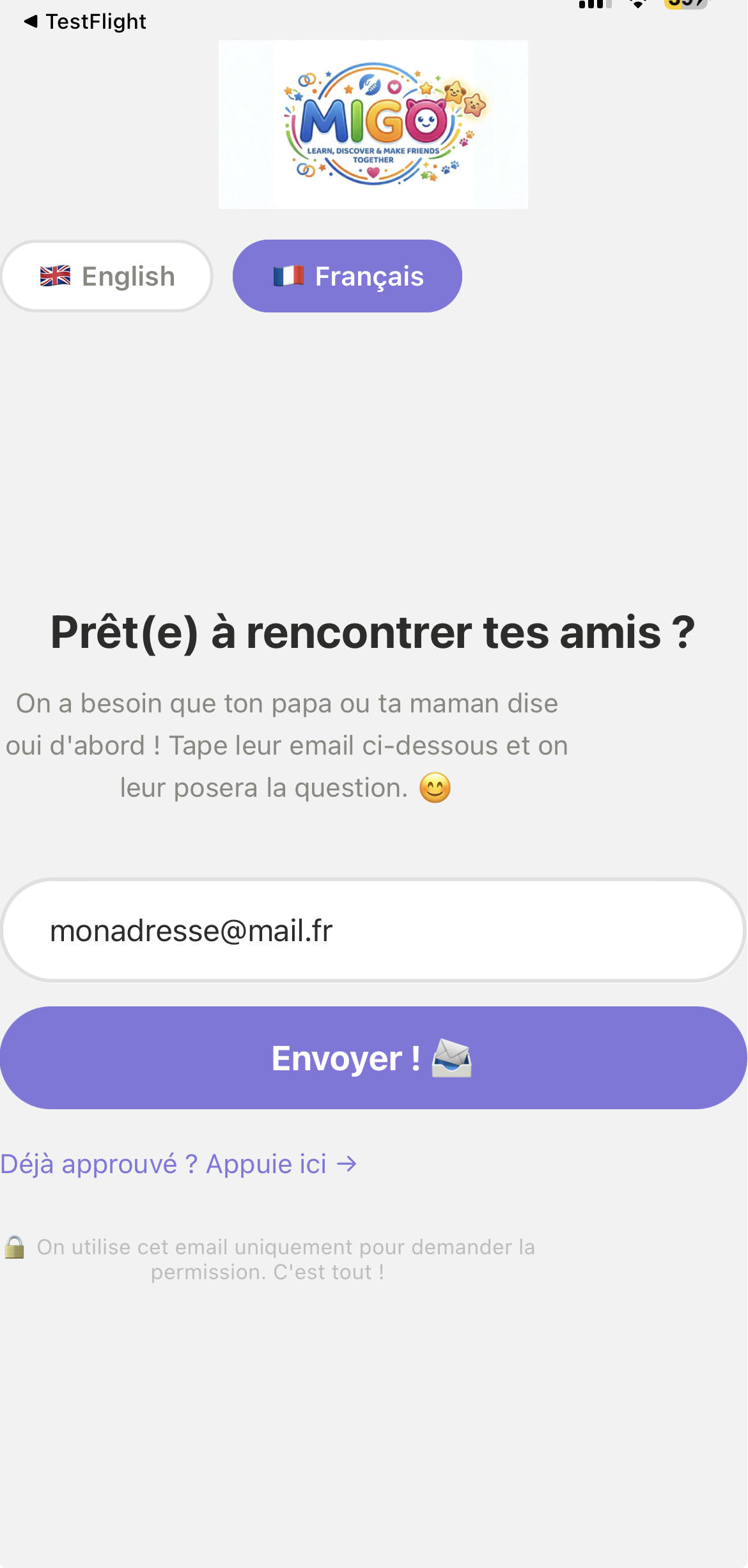 Parent email entry screen