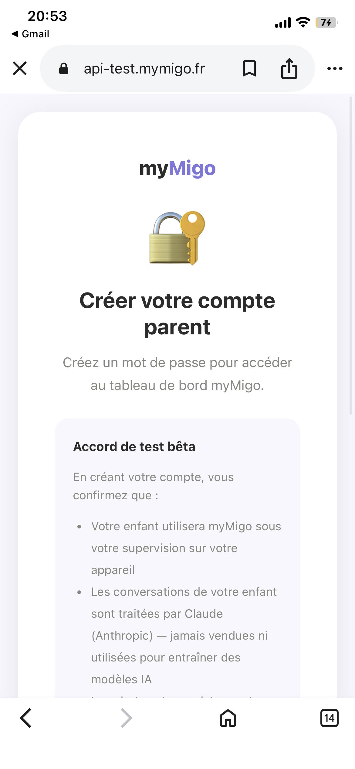 Create your parent account screen