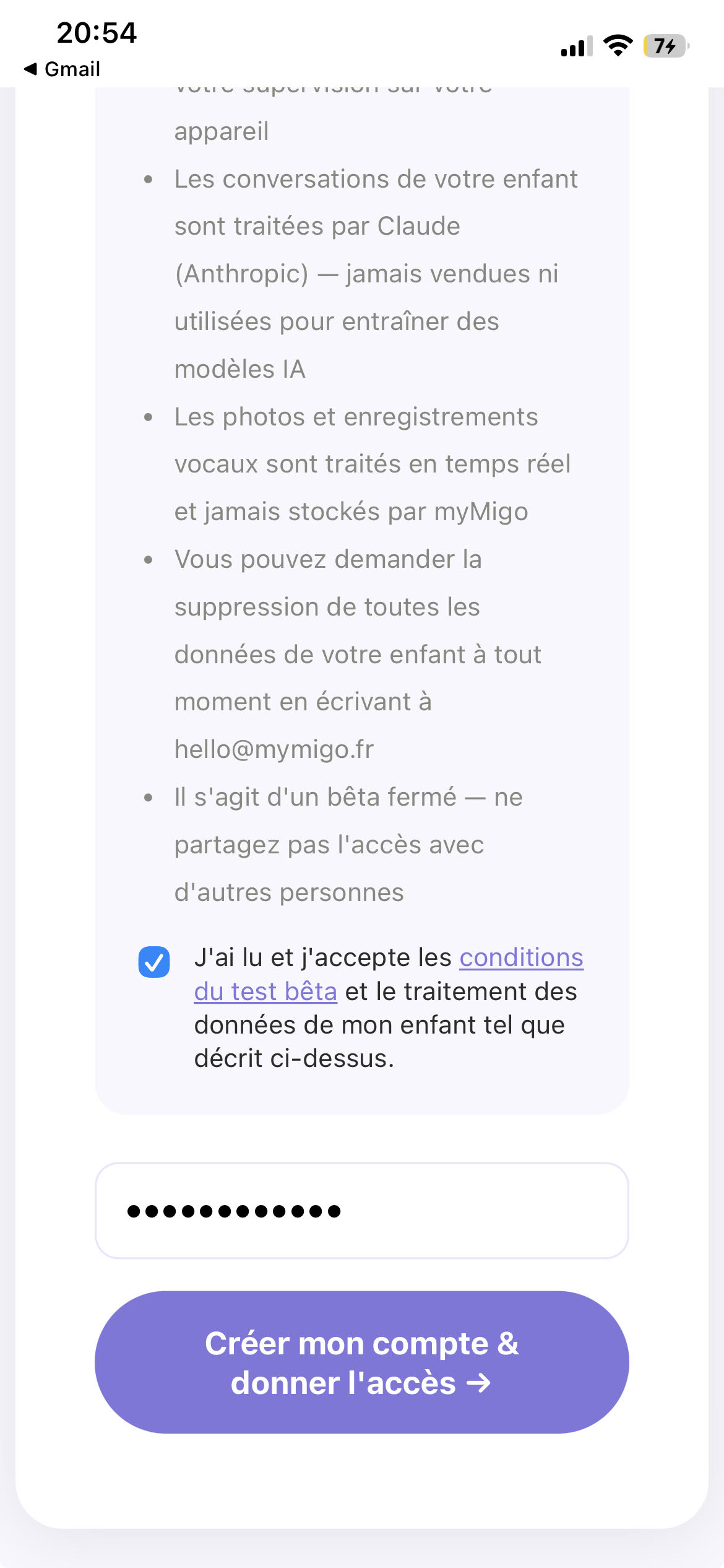 Password field and account creation button