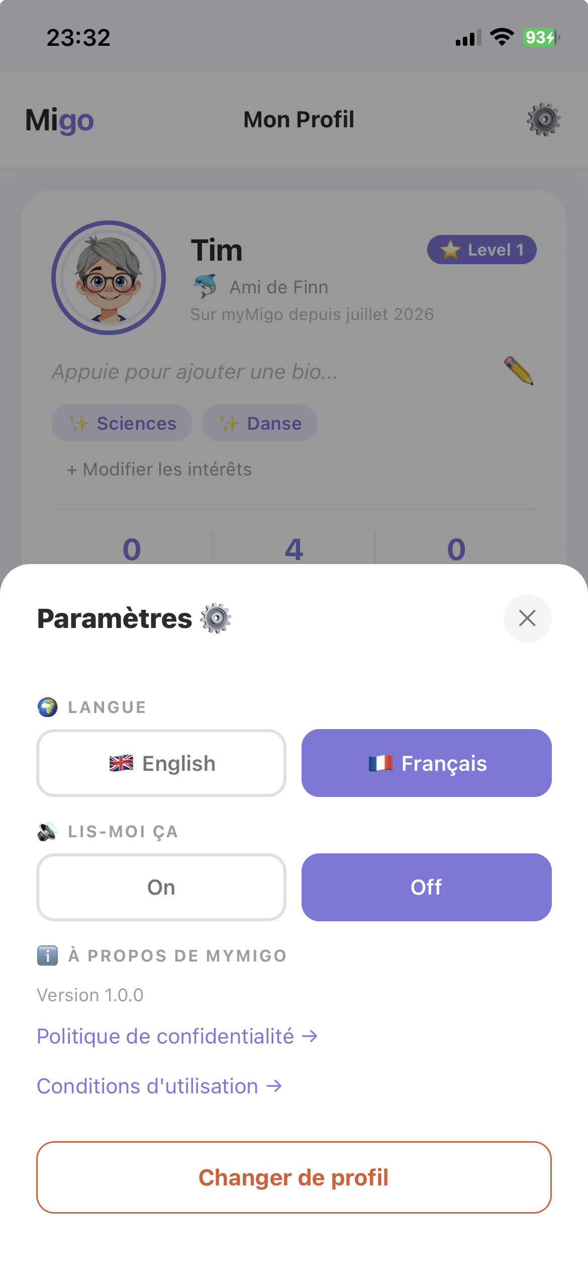 Settings menu with Switch Profile button