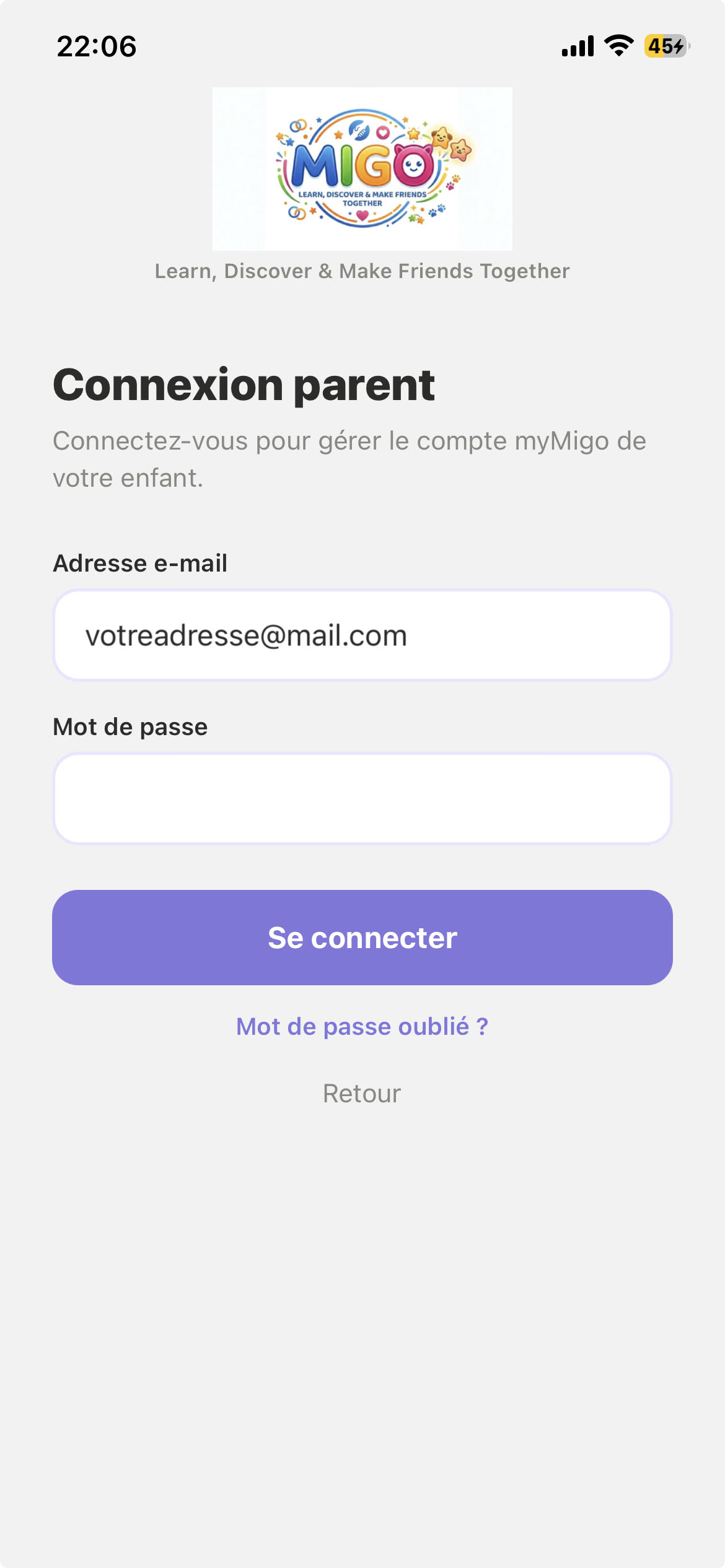 Parent login screen